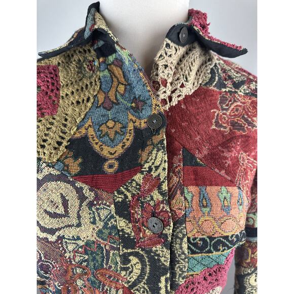 Chico's Tapestry Patchwork Embroidered Crochet Button Front Jacket Sz 1 Medium 8 - Picture 5 of 16